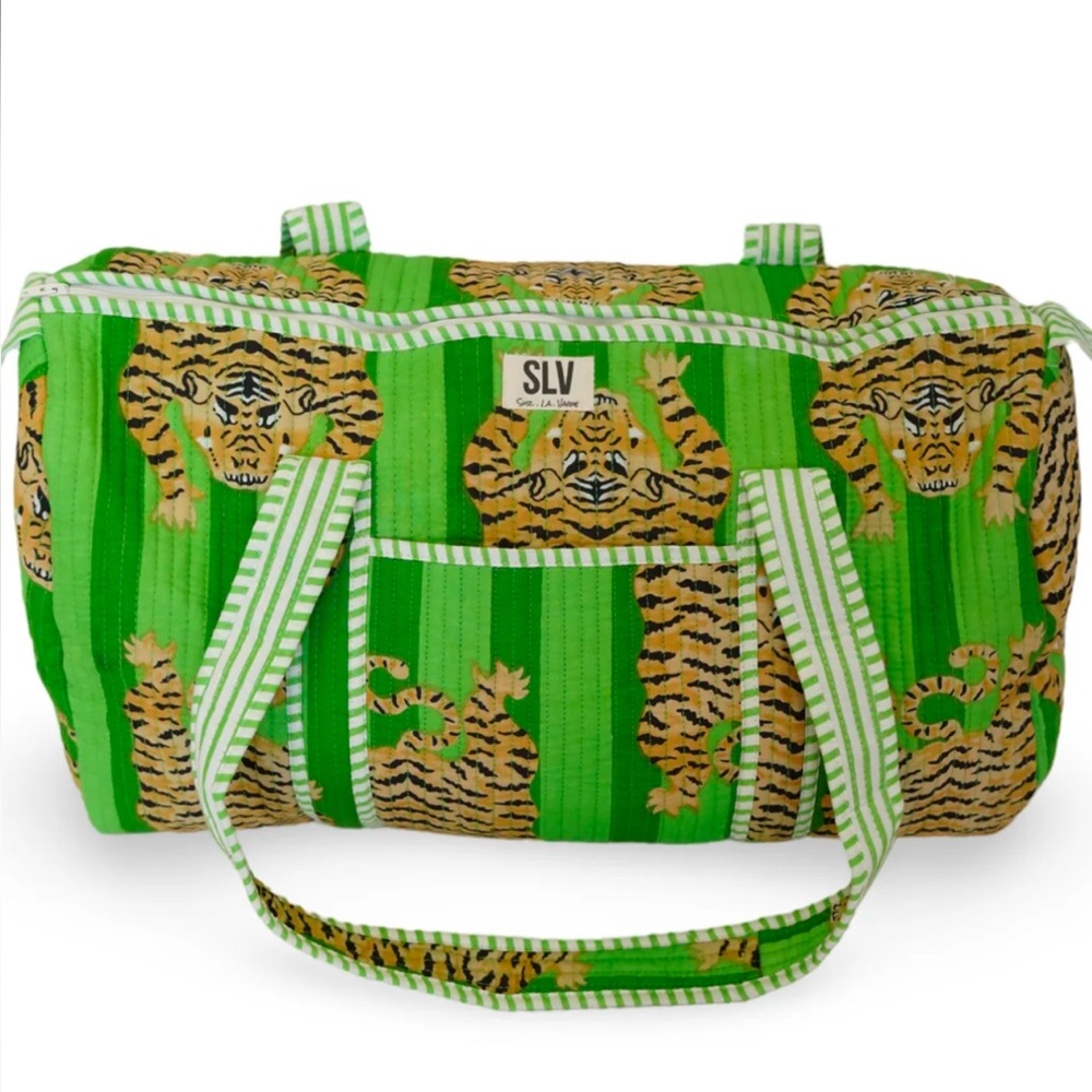 New without tags, Sur La Vague 100% cotton, quilted green duffle bag